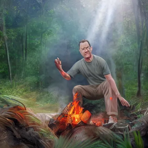 Image similar to Tom Hanks as forrest raosting a giant shrimp over a campfire in the jungle, realistic digital painting, in the style of Aleksi Briclot, photoreailstic, realistic face, amazing detail, sharp