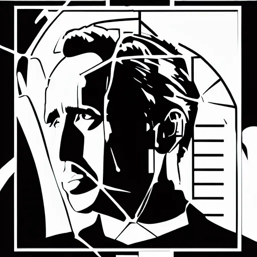 Image similar to a simplified black and white vector based illustration of Nicholas Cage, created in Adobe illustrator, black ink shading on white background, smooth vector curves, vinyl cut ready