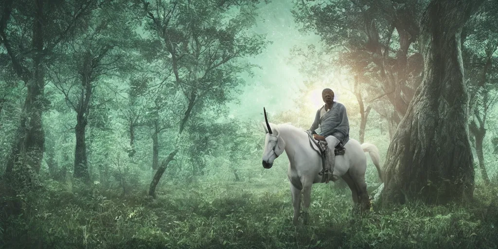 Image similar to morgan freeman riding an unicorn, in the middle of a forest, in the moonlight, night realism, 4 k, octane render, award winning photograph