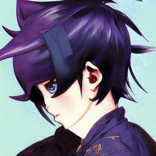 Image similar to small boy with black hair and blue purple eye, school uniform, anime style, hyper detailed, illustration, digital painting, art by artgerm and greg rutkowski and alphonse mucha, high delicate defined details, anime stylized, highly detailed, realistic, sharp focus