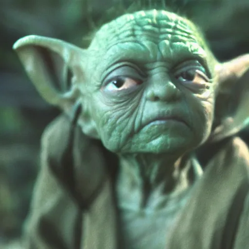 Prompt: A singular creature mix between Gollum and Yoda, center frame medium shot, shot on technicolor cinemascope 35mm anamorphic lense, flare, film grain, still from a 1980's movie