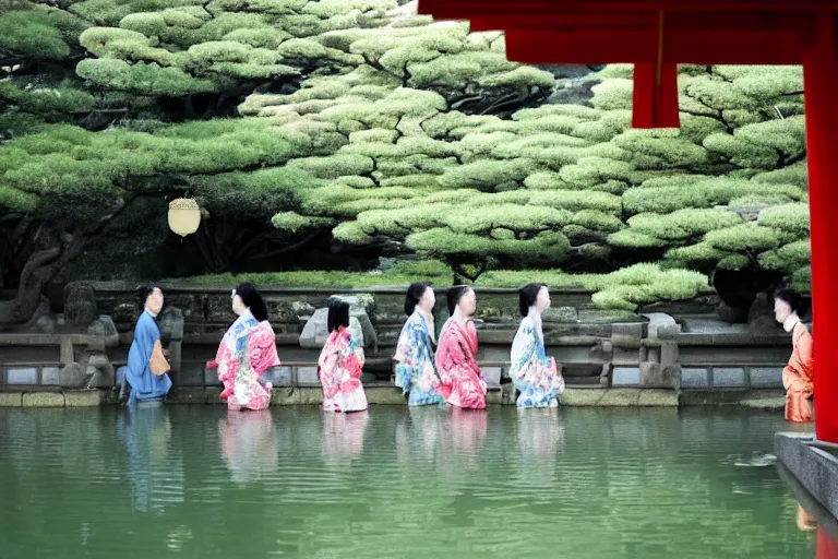 Image similar to cinematography women in kimonos in Kyoto watching joy in a temple pond by Emmanuel Lubezki