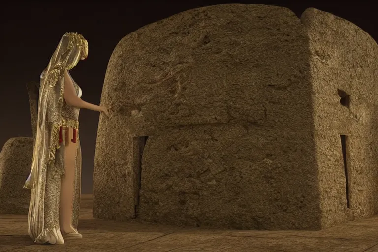 Prompt: Ġgantija megalithic temple complex malta priestess woman performing ritual at night druid fantasy art 3d render