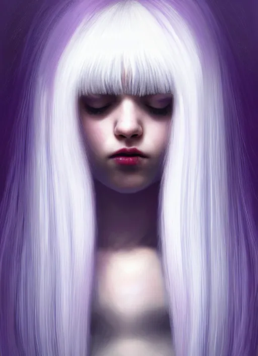 Image similar to hair whitebangs hair, black hair, whitebangsblackhair, portrait of teenage girl with white bangs, red irises, purple clothes, white bangs, bangs are different color from hair, intricate, elegant, glowing lights, highly detailed, digital painting, artstation, concept art, sharp focus, illustration, art by wlop, mars ravelo and greg rutkowski