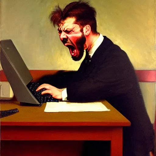 Image similar to an angry man yells at his computer monitor, oil on canvas, 1 9 0 1