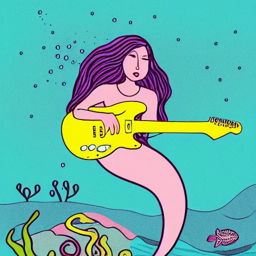 Image similar to illustration of a mermaid playing an stratocaster electric guitar, under the sea, limited colours, poster