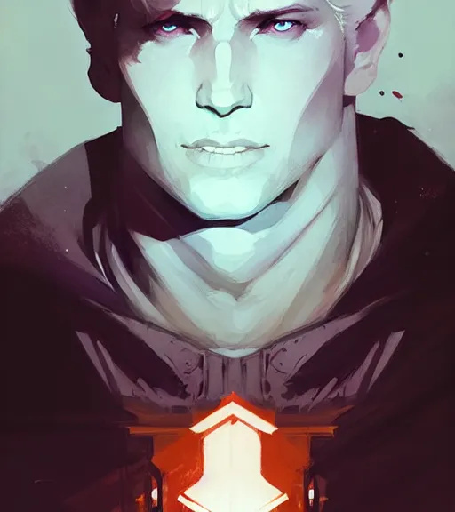 Image similar to portrait of cullen from dragon age by atey ghailan, by greg rutkowski, by greg tocchini, by james gilleard, by joe fenton, by kaethe butcher, dynamic lighting, gradient light blue, brown, blonde cream and white color scheme, grunge aesthetic