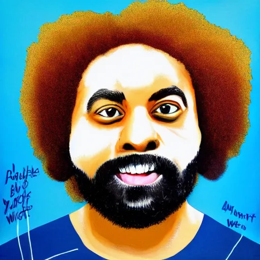 Image similar to reggie watts face on buffalo, painting