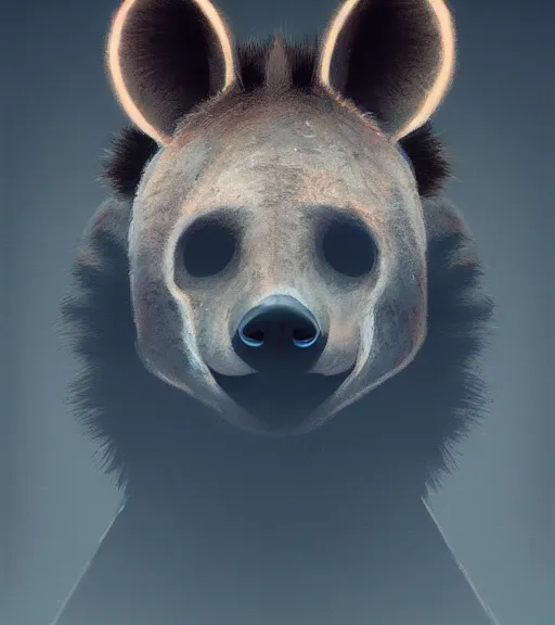 Image similar to foggy dirt road portrait of moderately stocky furry anthro anthropomorphic spotted hyena head animal person fursona wearing clothes horror gloomy digital art bokeh depth of field photo by Greg Rutkowski, Simon Stalenhag, christopher nolan trending on Artstation, CGSociety