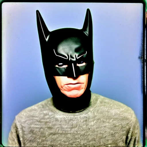 Image similar to Polaroid Portrait of Andy Warhol wearing a 1960s Batman Mask, taken in the 1970s, photo taken on a 1970s polaroid camera, grainy, real life, hyperrealistic, ultra realistic, realistic, highly detailed, epic, HD quality, 8k resolution, body and headshot, film still, front facing, front view, headshot and bodyshot, detailed face, very detailed face
