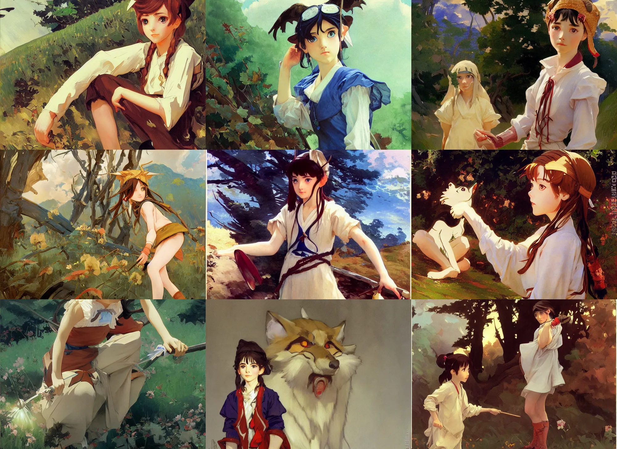 Prompt: painting by sargent and leyendecker and greg hildebrandt savrasov levitan polenov, studio ghibly anime style young girl mononoke, middle earth masterpiece