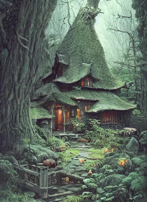 Prompt: hyper realistic witch cottage japanese shrine in the woods gorgeous lighting, highly detailed, lush forest painting by zdzisław beksinski and norman rockwell and greg rutkowskiweta studio, and lucasfilm