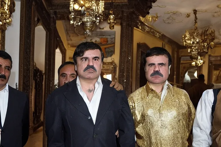 Image similar to el chapo standing in the middle of a grandiose mexican mansion. everything is made out of gold. el chapo is sipping on wine. the mansion is incredible and ornate. chapo has a clockwork chain. there are princesses and queens everywhere around him