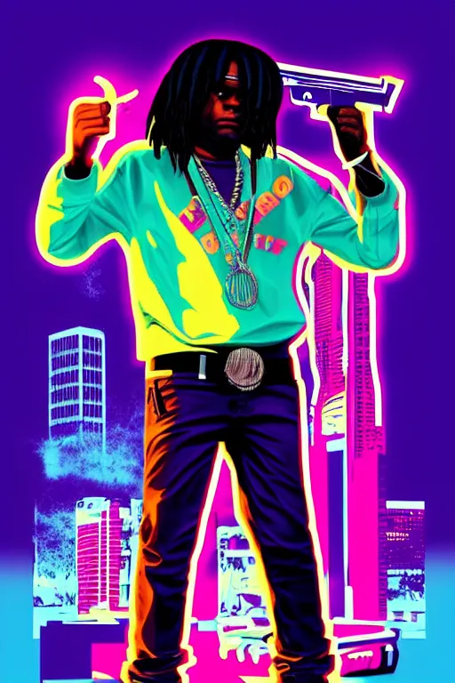 Image similar to chief keef with riffle, gta vice city style, pop art, no duplicate image, glowing lights, ultra details, digital painting, artstation, concept art, smooth, sharp focus, illustration, intecrate details, art by richard hamilton and mimmo rottela, pixels art by kirokaze and paul robertson