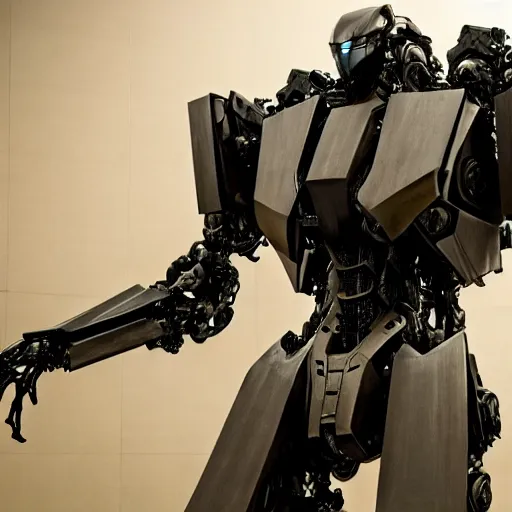 Image similar to cinematic still in westworld and pacific rim movie and real steel movie, slim full body stunning intricate humanoid mega mech by fujioka kenki, slim full body ornate intricate humanoid mega mech by mamoru nagano