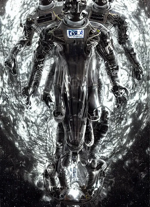 Image similar to astronauts in dark and empty void underwater - complex and hyperdetailed technical suit. reflection and dispersion materials. rays and dispersion of light. volumetric light. 5 0 mm, f / 3 2. noise film photo. flash photography. ultra realistic, wide angle. poster by wayne barlowe, hajime sorayama aaron horkey, craig mullins