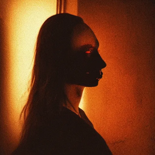 Prompt: selfie of a woman in a dark room!!!!!, photorealistic, grim and gloomy lighting, selfie!!!!!, spooky filter, halloween atmosphere, halloween art style, 4 k, 8 k