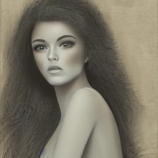Image similar to A portrait of a beautiful woman, with a gentle expression and flowing hair, photorealistic.