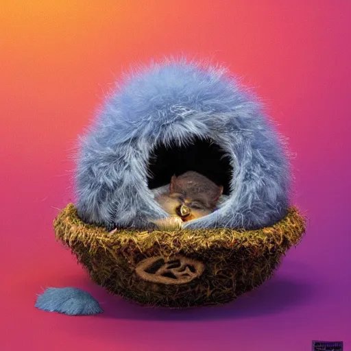 Image similar to long shot of a very furry alien chick nesting in a floral cup, esao andrews, by m. w. kaluta, humorous!!! illustration, hyperrealistic, tilt shift, warm colors, night scenery, low light, 3 d octane render, 4 k, volumetric lights, smooth, cosy atmosphere, conceptart, hyperdetailed, trending on deviantart