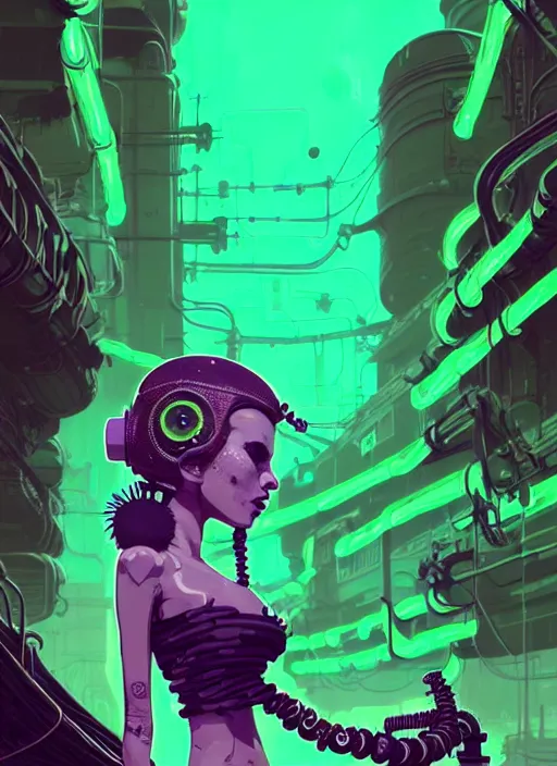 Prompt: highly detailed portrait of a lonely wasteland punk long dripping green poison hair tribal lady, stray neon green sludge hoses by atey ghailan, james gilleard, by joe fenton, by greg rutkowski, by greg tocchini, by kaethe butcher, 4 k resolution, gradient purple, brown black and white color scheme!!! ( ( green flaming robotic sewer background ) )