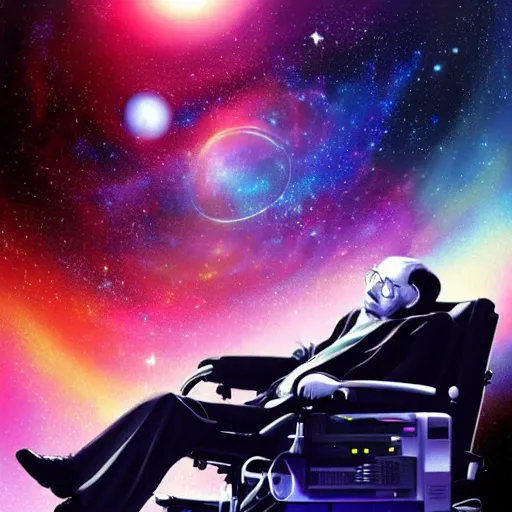 Prompt: stephen hawking with space in the background, universe, galaxies, planets, black hole, by wlop and ross tran, colorful