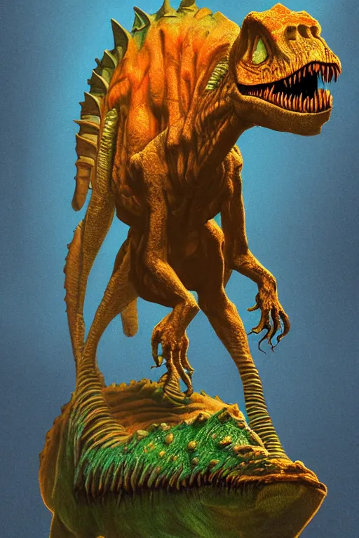 Image similar to irradiated dinosaur,painted by Rudolph Belarski and Ron Walotsky and Fred Fields and Glenn Chadbourne,trending on artstation, haunted lighting tilt-shift,still life ,tintype photo,Pixar ,creature concept art,telephoto lens ,