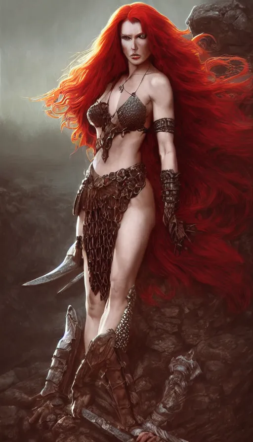 Image similar to portrait of elegant Red Sonja, dark and ethereal, expressive pose, flaxible, angry expression, chainmail, fantasy, intricate, dark desert background, dune high fashion, fantasy, intricate highly detailed, digital painting, artstation, concept art, smooth, sharp focus, illustration, art by artgerm and greg rutkowski and alphonse mucha