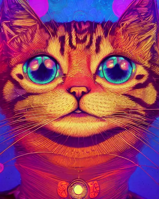 Image similar to psychedelic 6 0 s portrait of funny giant cute eyes kitten, intricate abstract. intricate artwork, by tooth wu, wlop, beeple, dan mumford. concept art, octane render, trending on artstation, greg rutkowski very coherent symmetrical artwork. cinematic, key art, hyper realism, high detail, octane render, 8 k, iridescent accents