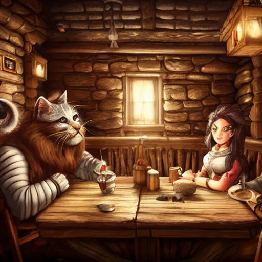 Prompt: cool cat people talking inside a tavern, fantasy art, cozy, dnd, digital art, 4 k