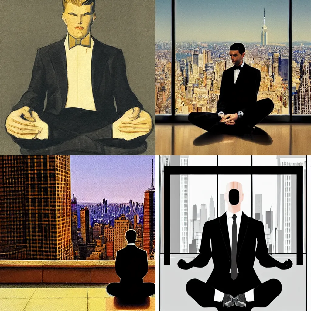 Prompt: man in black suit in meditation pose, new york buildings, city view landscape, leyendecker style