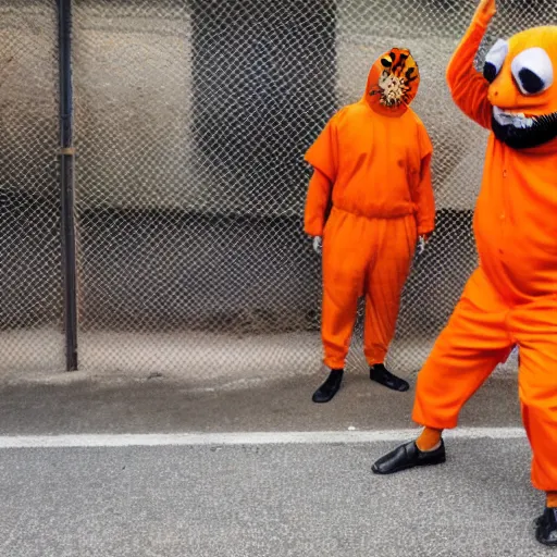 Prompt: inmate with orange suit and using a bee head