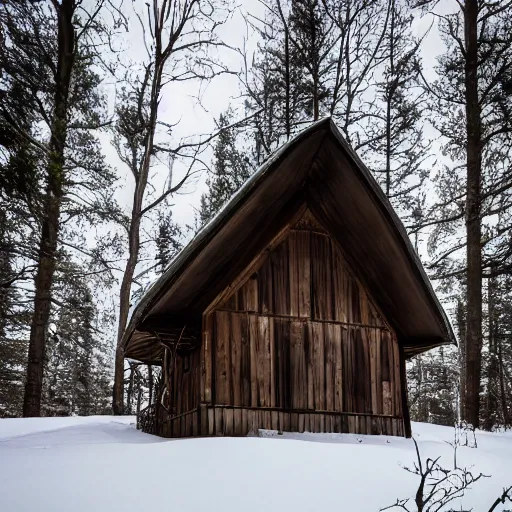 Image similar to an Eerie cabin in the middle of the woods in the style of Ansel Adams