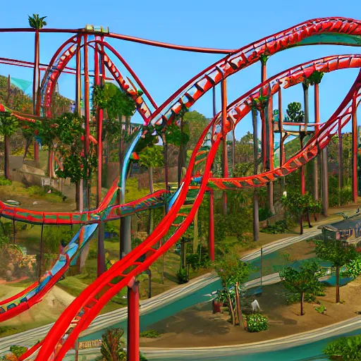 Prompt: Roller Coaster Tycoon in GTA V, cover art by Stephen Bliss, artstation