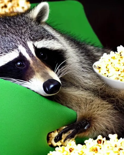 Image similar to an obese raccoon lays on it's back while watching tv from a green leather recliner, the raccoon is lazily eating from a pile of popcorn on it's belly