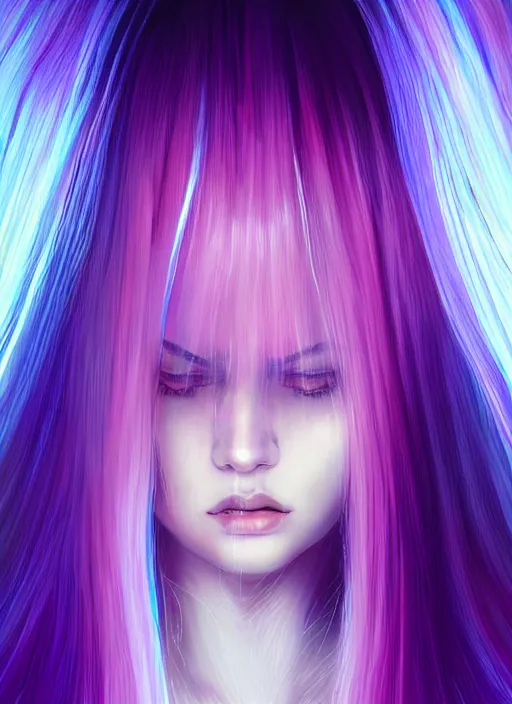 Image similar to hair whitebangs hair, black hair, whitebangs, portrait of teenage girl with white bangs, red irises, purple clothes, white bangs, bangs are different color from hair, intricate, elegant, glowing lights, highly detailed, digital painting, artstation, concept art, smooth, sharp focus, illustration, art by wlop, mars ravelo and greg rutkowski