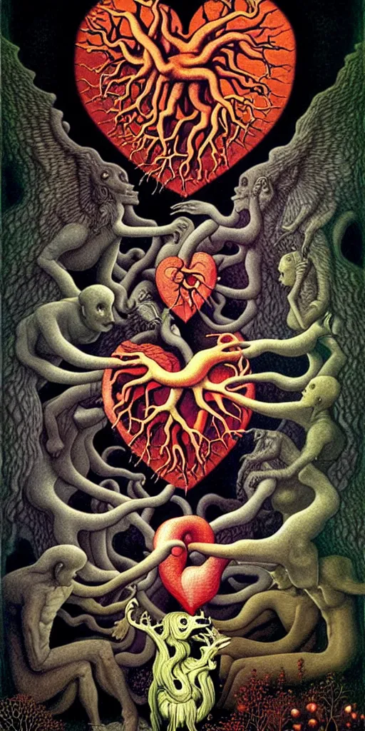 Prompt: mythical creatures and monsters in the visceral anatomical human heart imaginal realm of the collective unconscious, in a dark surreal painting by johfra, mc escher and ronny khalil