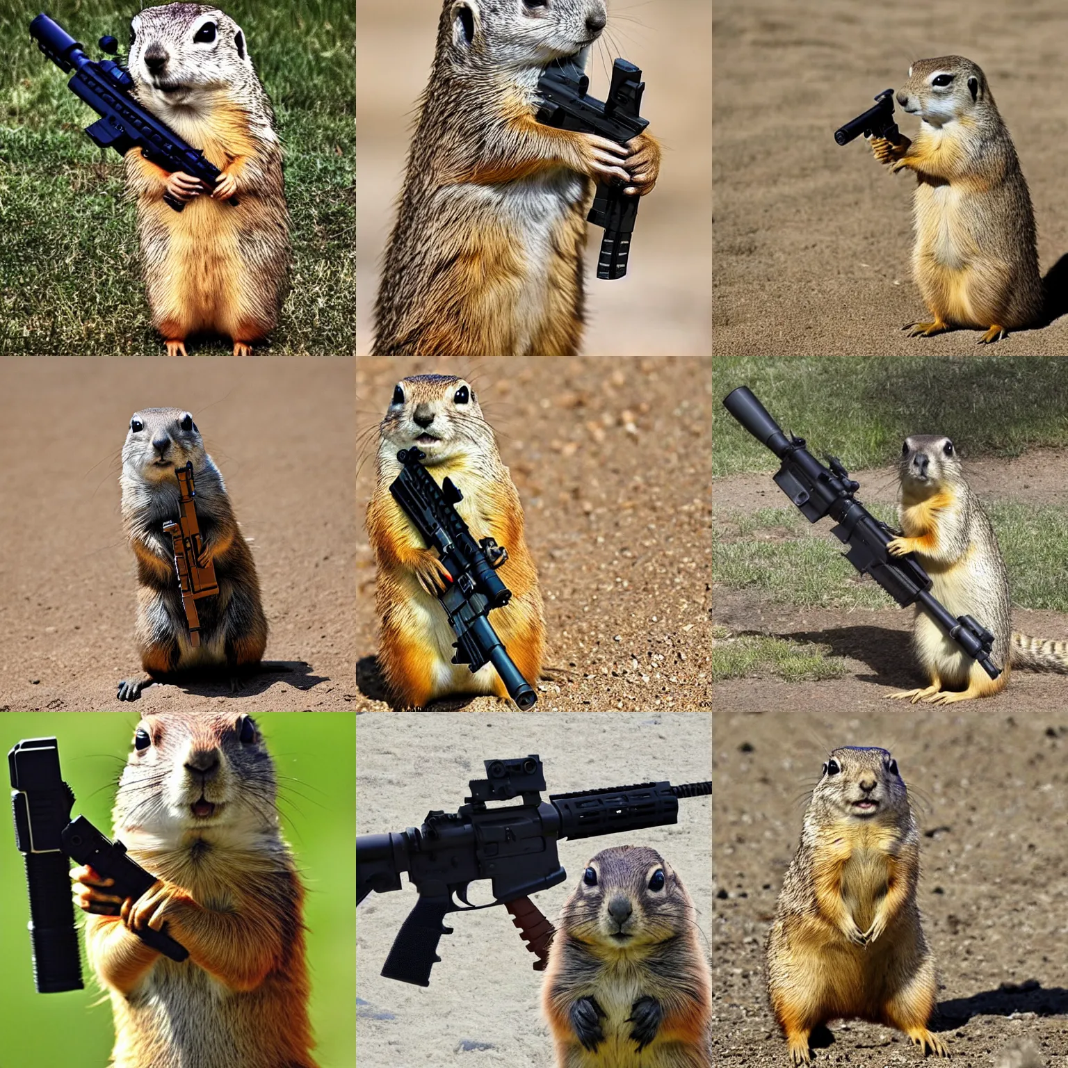 Prompt: a very hangry prairie dog. holding an ar - 1 5, aiming