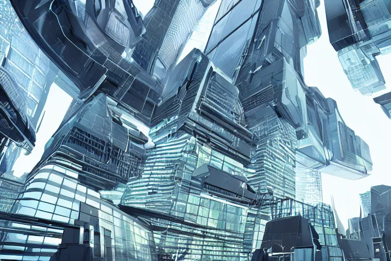 Prompt: A futuristic cyber-city as viewed from street level.