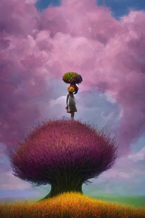 Prompt: closeup, giant flower head with mohawk, woman in heather field, surreal photography, starlight, storm clouds, impressionist painting, digital painting, artstation, simon stalenhag