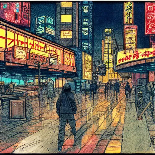 Image similar to blader runner city, weathered drawing, film grain, bright neon lighting, dark pastel colors, drawn by satoshi kon, katsuhiro otomo