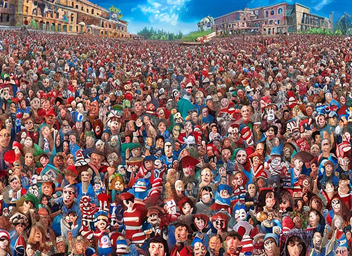 Image similar to where's waldo, lowbrow, matte painting, 3 - d highly detailed, in the style of kenny schaffer,