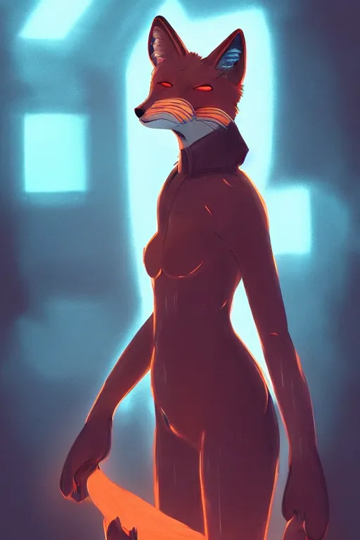 Image similar to a fox fursona, trending on artstation, by kawacy, furry art, digital art, cyberpunk, high quality, backlighting