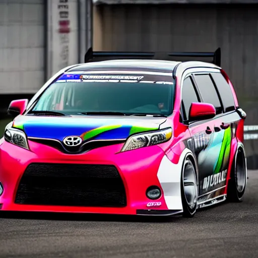 Prompt: Toyota Sienna with racing tires and racing livery, widebody kit, drifting through nurburgring, cinematic photography