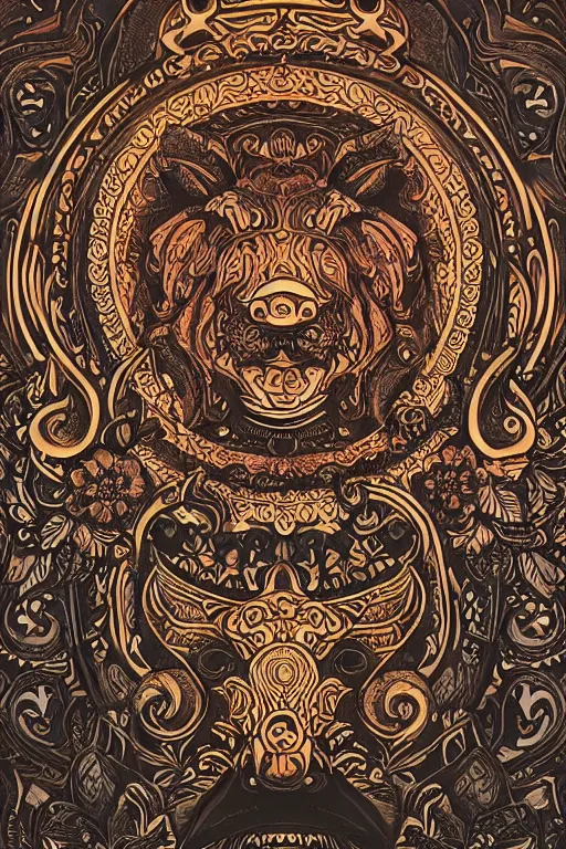 Prompt: Painted dark-wood panel relief carving of the close up of a Flowerpunk Pig, ornate border frame, explosion of colorful flowers, dark wood, intricately carved, black ink, festival of rich colors, intricate details, cinematic lighting, volumetric lighting, post-processing, art nouveau, tarot, fractal art, mandala, by andreas rocha and john howe, and Martin Johnson Heade, featured on artstation, featured on behance, golden ratio, hyper detailed, photorealistic, epic composition, center spotlight, f32, well composed, symmetrical, UE5, 8k