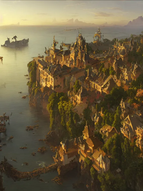 Prompt: an oil painting of an aerial view of a seaside Dungeons & Dragons fantasy town on a beautiful dawn by carl spitzweg and tuomas korpi. full-length view. baroque element. intricate artwork by caravaggio. Trending on artstation. halo. octane render, cinematic, hyper realism, 8k