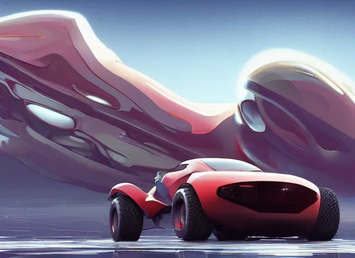 Image similar to wide view shot of a new car for 2 0 3 2 with offroad tires installed. style by petros afshar, christopher balaskas, goro fujita, and rolf armstrong. car design by dmc.