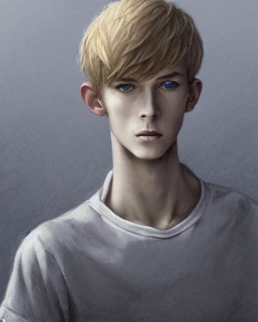 Prompt: portrait of 1 5 - year - old boy, a tall, slender boy with a pale, pointed face, white - blond hair, grey eyes, wearing in shirt hyper realistic face, beautiful eyes, fantasy art, in the style of greg rutkowski, intricate, hyper detailed, smooth