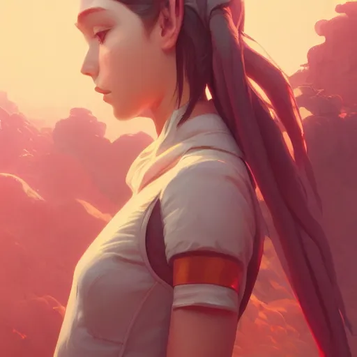 Image similar to portrait of android girl, highly detailed vfx portrait, unreal engine, greg rutkowski, loish, rhads, caspar david friedrich, makoto shinkai and lois van baarle, ilya kuvshinov, rossdraws, elegent, tom bagshaw, alphonse mucha, global illumination, detailed and intricate environment