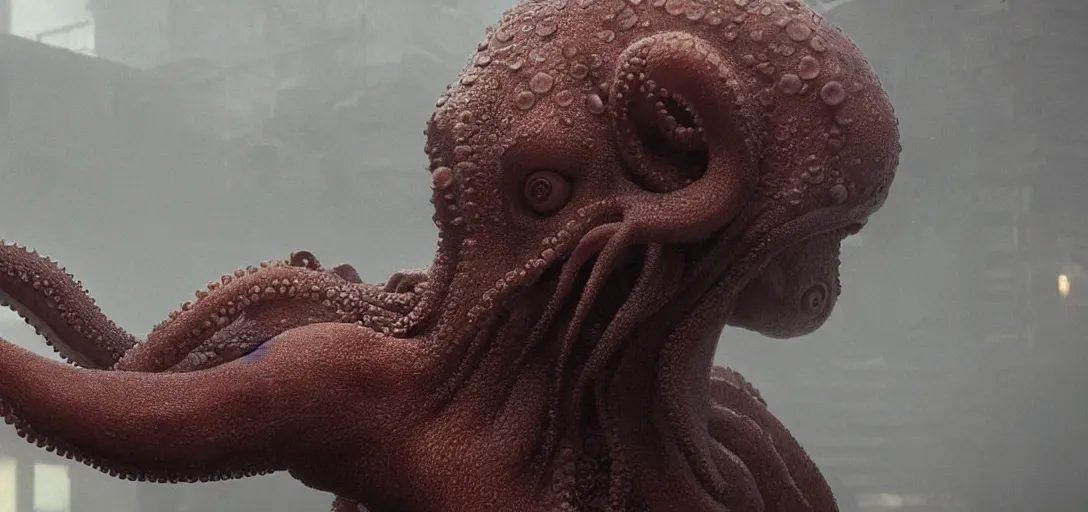 Prompt: an octopus in the shape of a human head, foggy, cinematic shot, photo still from movie by denis villeneuve, wayne barlowe