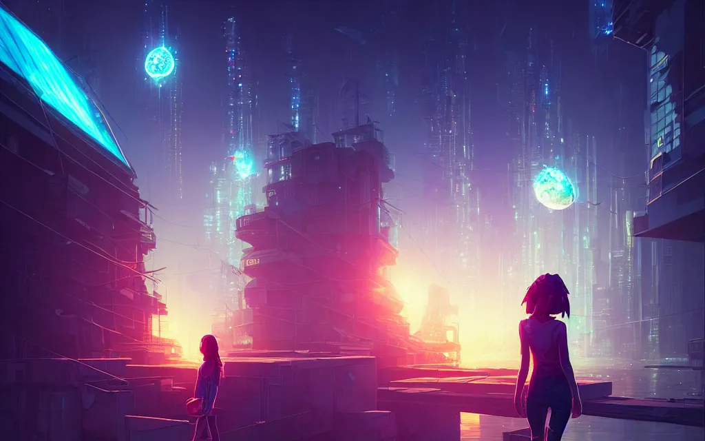 Image similar to girl staring at a meteorite hitting a floating cyberpunk city at night by wlop, low poly art, ultra detailed color art, high detail, digital art